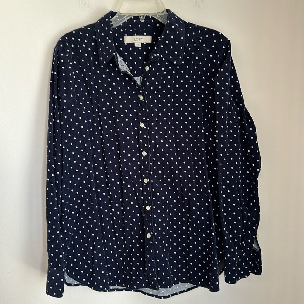 LOFT Women’s corduroy polka dot button down navy white long sleeve work MED NWOT